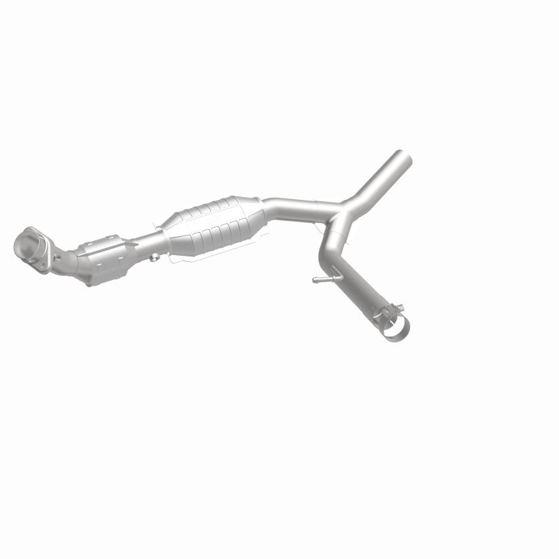 MagnaFlow 93665 hm grade direct-fit catalytic converter, front three-quarter view of the turntable spin