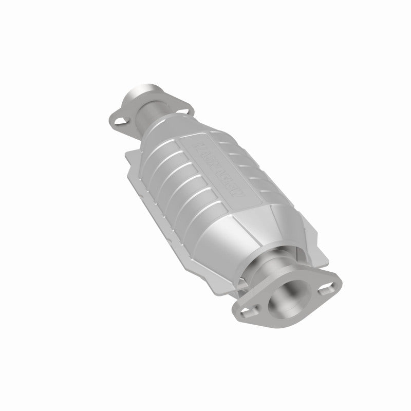 MagnaFlow 93286 hm grade direct-fit catalytic converter, rear three-quarter view of the turntable spin