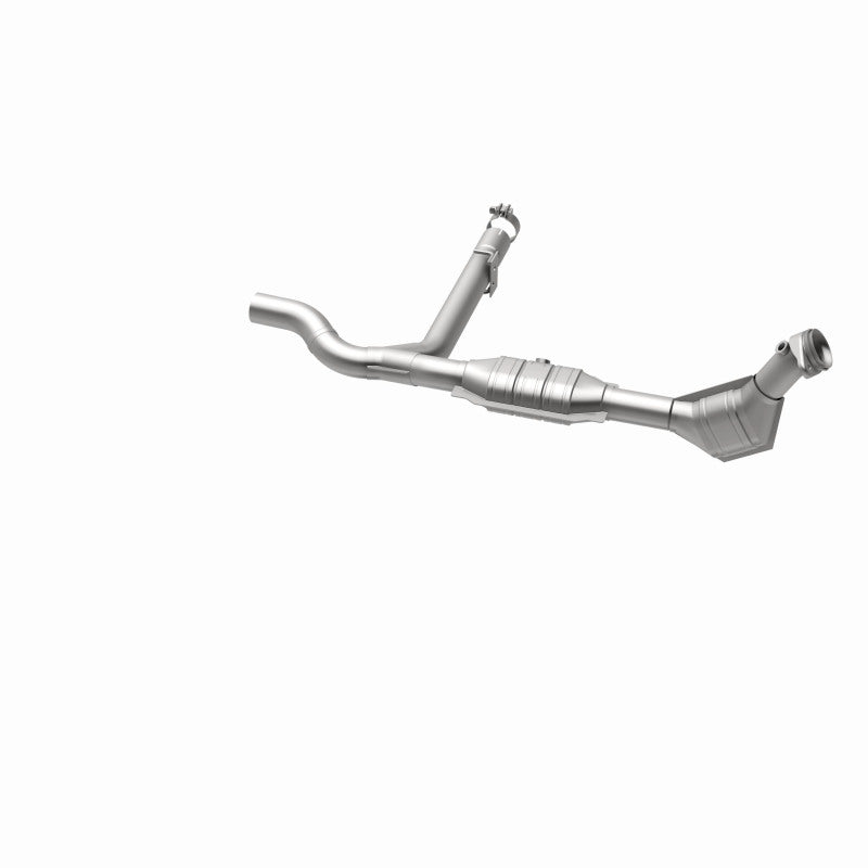 MagnaFlow 93395 hm grade direct-fit catalytic converter, opposite rear three-quarter view of the turntable spin