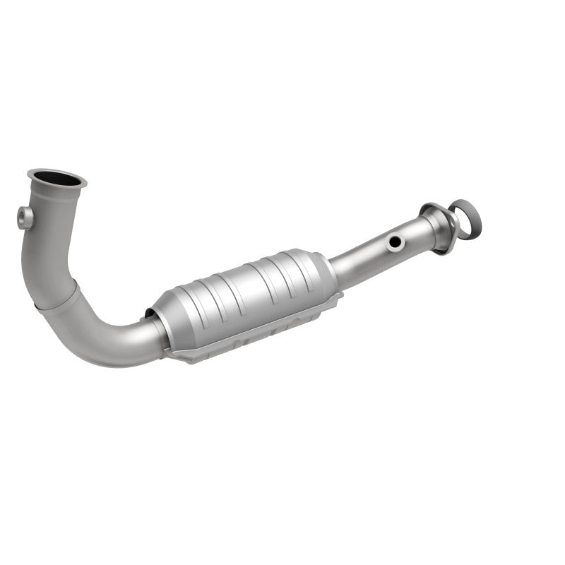 MagnaFlow 93383 hm grade direct-fit catalytic converter, front three-quarter view of the turntable spin