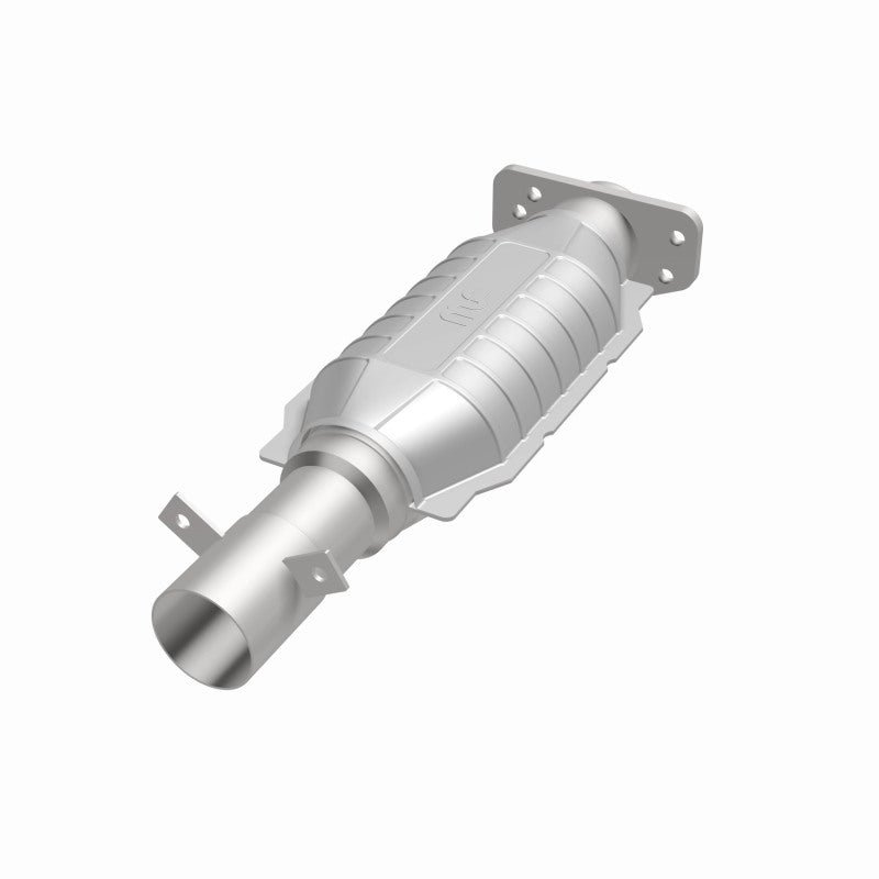 MagnaFlow 93486 epa direct-fit catalytic converter, opposite front three-quarter view of the turntable spin