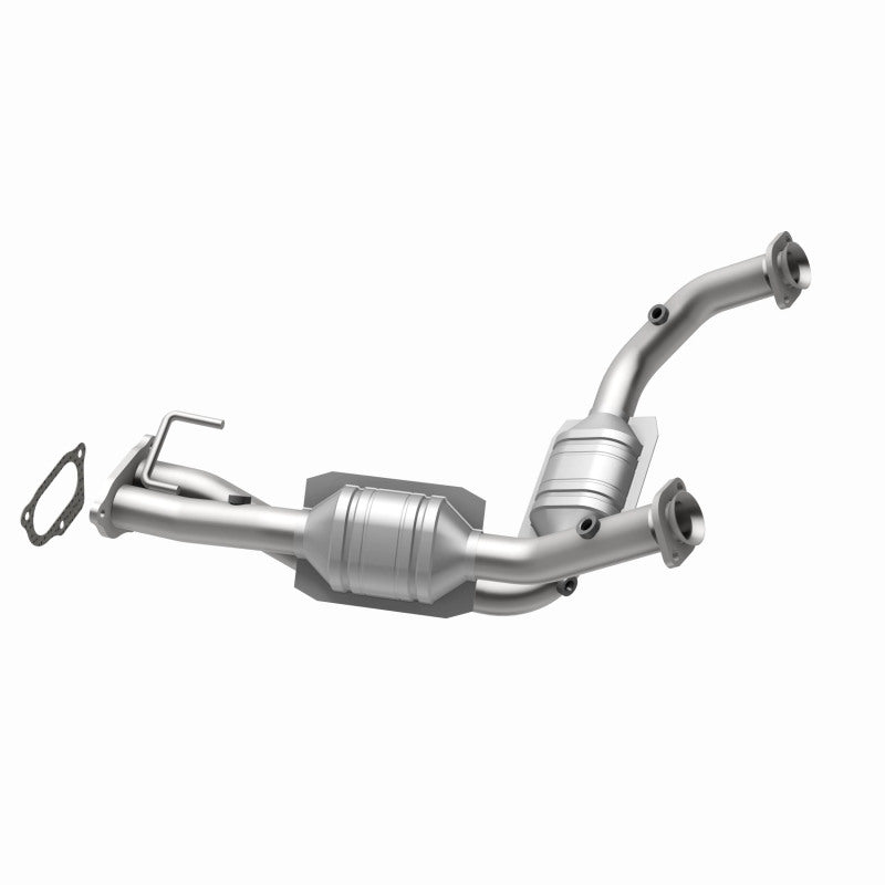 MagnaFlow 458023 carb direct-fit catalytic converter, opposite rear three-quarter view of the turntable spin