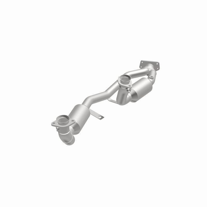 MagnaFlow 23542 hm grade direct-fit catalytic converter, opposite front three-quarter view of the turntable spin