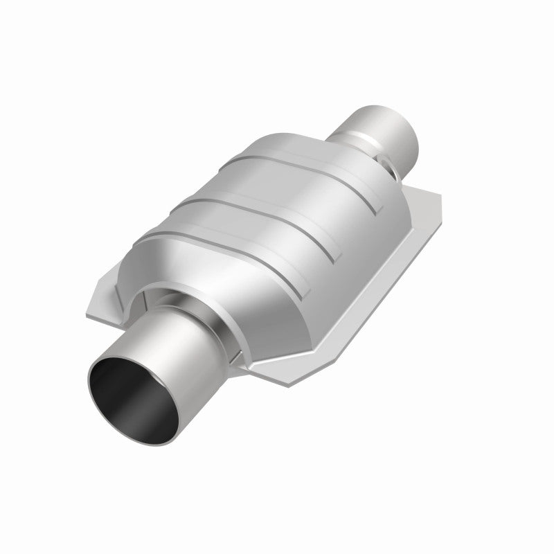 MagnaFlow 447195 universal catalytic converter, opposite front three-quarter view of the turntable spin
