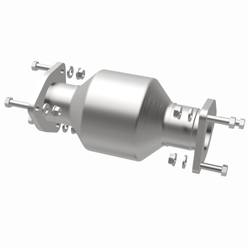 MagnaFlow 5592184 carb direct-fit catalytic converter, opposite rear three-quarter view of the turntable spin