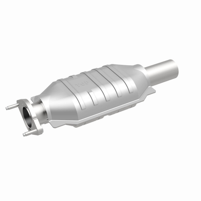 MagnaFlow 457018 carb direct-fit catalytic converter, front three-quarter view of the turntable spin
