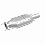 MagnaFlow 457018 carb direct-fit catalytic converter, front three-quarter view of the turntable spin