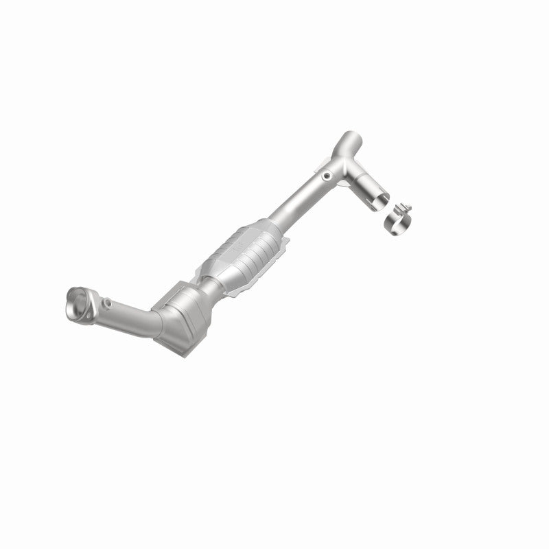 MagnaFlow 447130 carb direct-fit catalytic converter, opposite front three-quarter view of the turntable spin