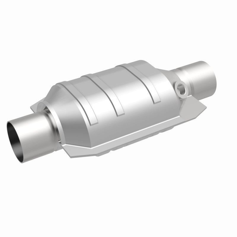 MagnaFlow 447236 universal catalytic converter, front three-quarter view of the turntable spin