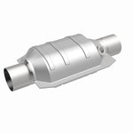 MagnaFlow 447236 universal catalytic converter, front three-quarter view of the turntable spin