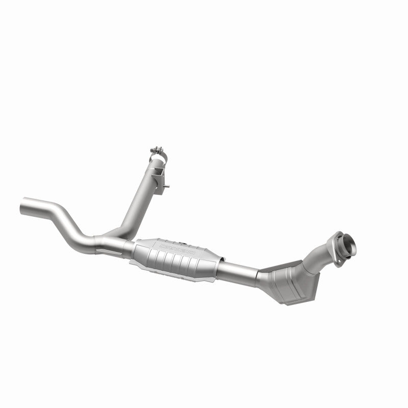 MagnaFlow 93393 hm grade direct-fit catalytic converter, opposite rear three-quarter view of the turntable spin