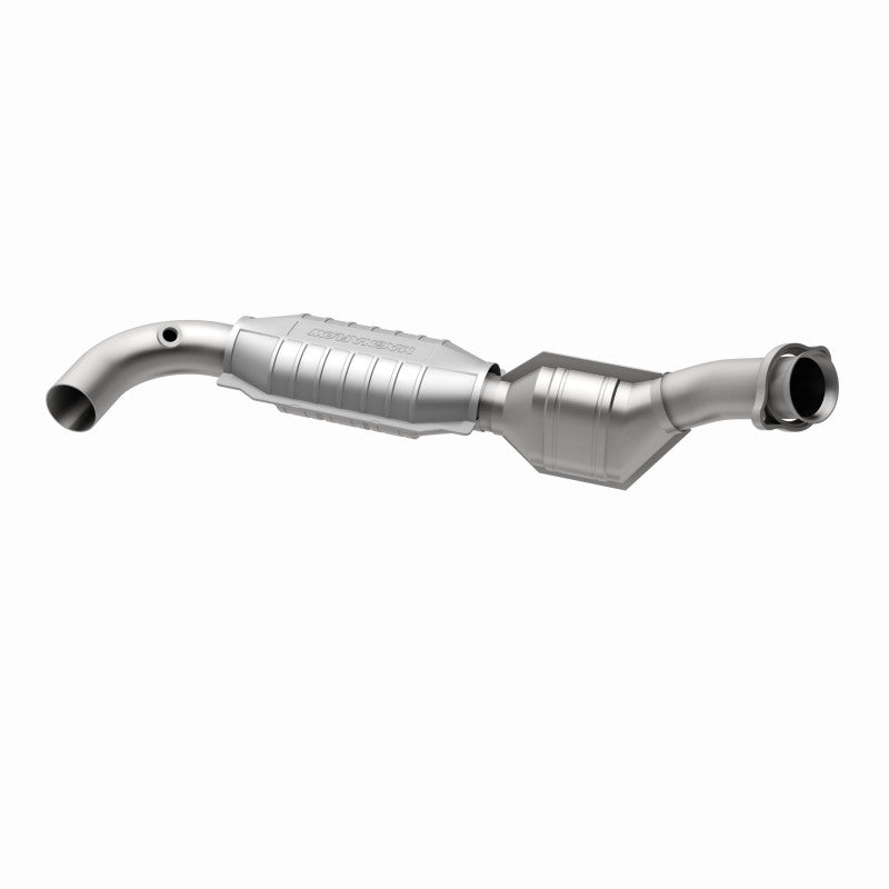 MagnaFlow 447131 carb direct-fit catalytic converter, opposite rear three-quarter view of the turntable spin