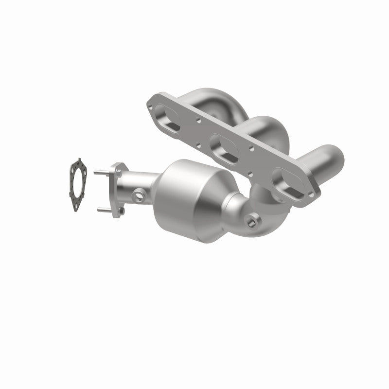 MagnaFlow 5411931 carb direct-fit catalytic converter, opposite rear three-quarter view of the turntable spin