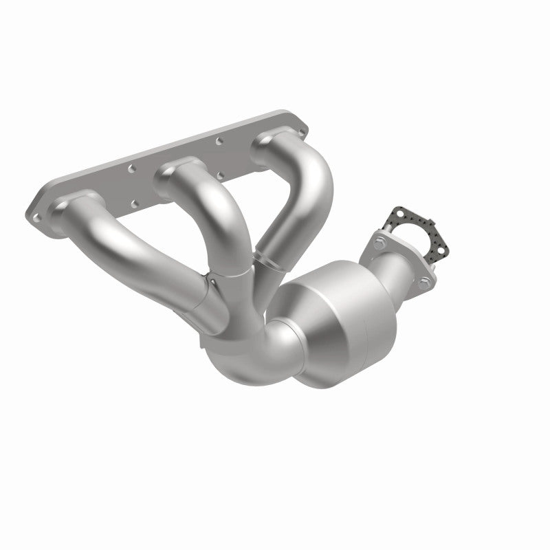 MagnaFlow 5411931 carb direct-fit catalytic converter, opposite front three-quarter view of the turntable spin