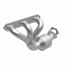 MagnaFlow 5411931 carb direct-fit catalytic converter, opposite front three-quarter view of the turntable spin