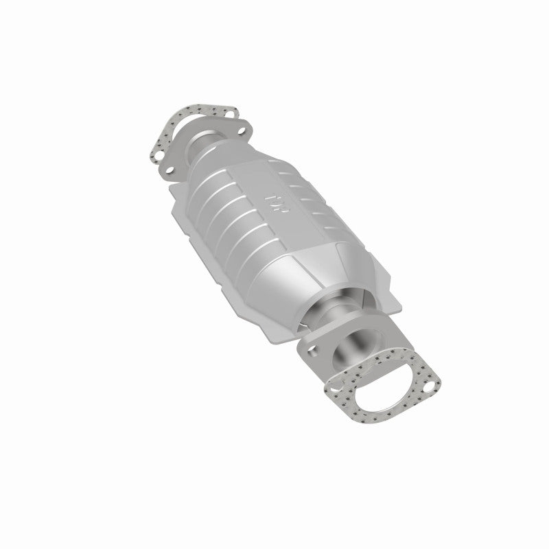 MagnaFlow 447210 carb direct-fit catalytic converter, rear three-quarter view of the turntable spin