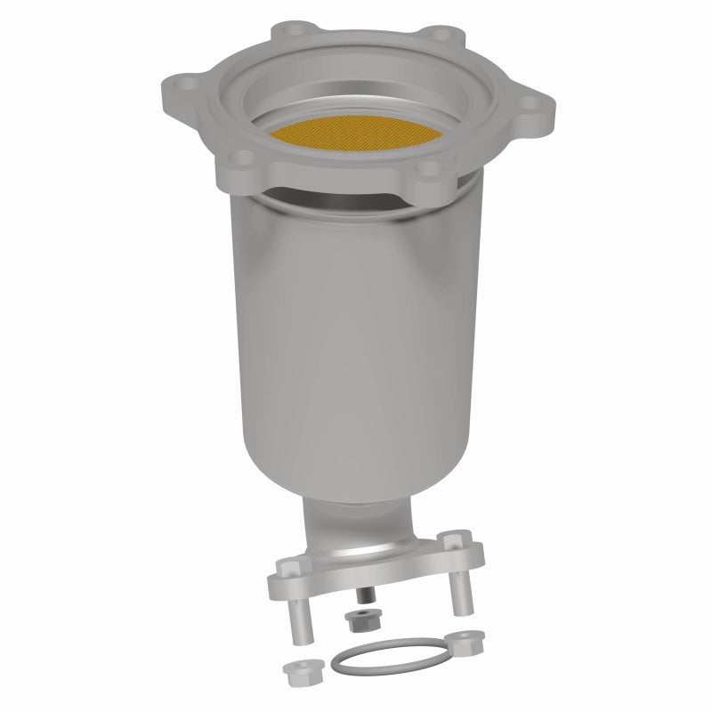 MagnaFlow 452871 carb direct-fit catalytic converter, rear three-quarter view of the turntable spin