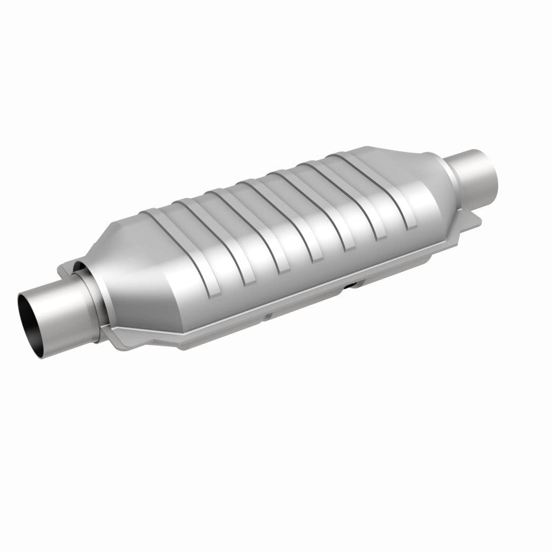 MagnaFlow 99509HM universal catalytic converter, front three-quarter view of the turntable spin