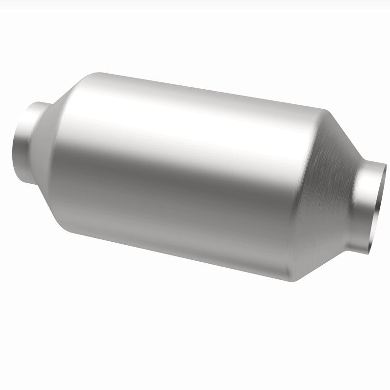 MagnaFlow 51809 universal catalytic converter, opposite rear three-quarter view of the turntable spin