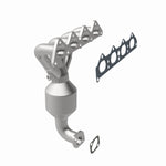 MagnaFlow 452038 carb manifold converter, opposite front three-quarter view of the turntable spin