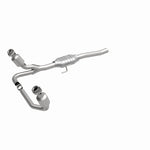 MagnaFlow 458043 carb direct-fit catalytic converter, front three-quarter view of the turntable spin