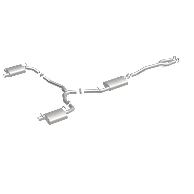 MagnaFlow 19225 street series cat-back exhaust, front three-quarter view of the turntable spin