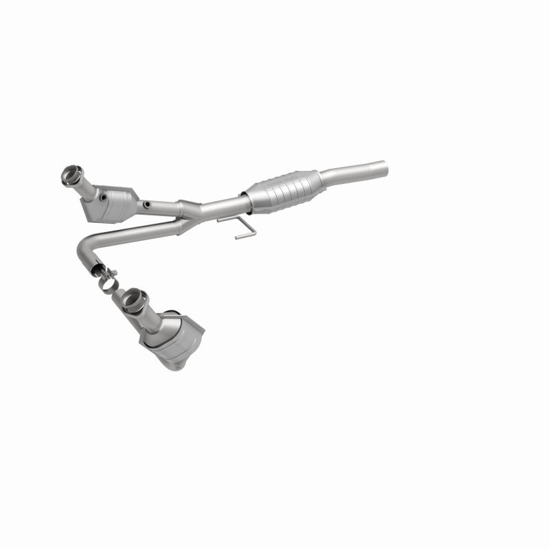 MagnaFlow 93414 hm grade direct-fit catalytic converter, front three-quarter view of the turntable spin