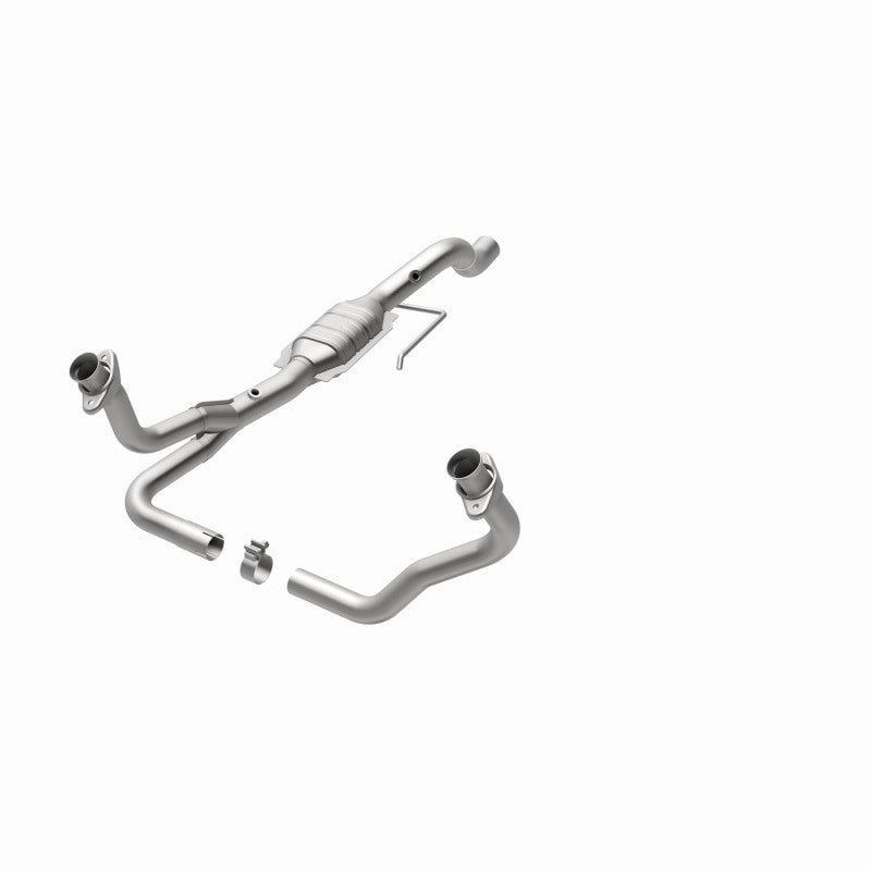 MagnaFlow 24437 hm grade direct-fit catalytic converter, opposite front three-quarter view of the turntable spin