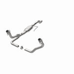 MagnaFlow 24437 hm grade direct-fit catalytic converter, opposite front three-quarter view of the turntable spin