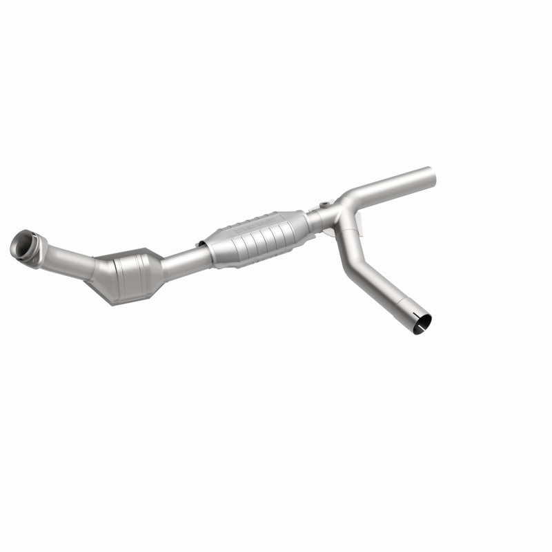 MagnaFlow 93391 hm grade direct-fit catalytic converter, front three-quarter view of the turntable spin