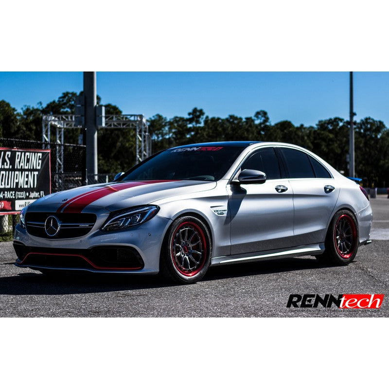 Silver C 63 sedan on lowered coilovers with red wheels - RennTech Coilover Suspension for the 2015-2021 C 63 AMG