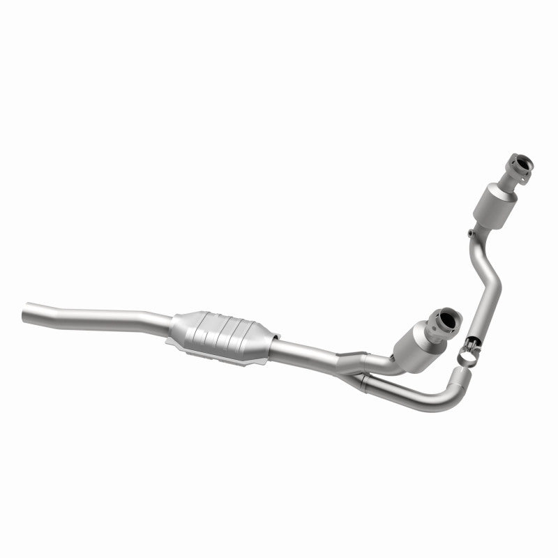 MagnaFlow 458043 carb direct-fit catalytic converter, opposite rear three-quarter view of the turntable spin