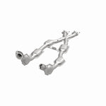 MagnaFlow 93348 hm grade direct-fit catalytic converter, opposite front three-quarter view of the turntable spin