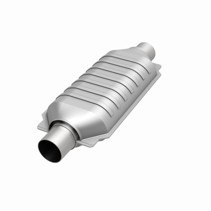 MagnaFlow 99506HM universal catalytic converter, opposite front three-quarter view of the turntable spin