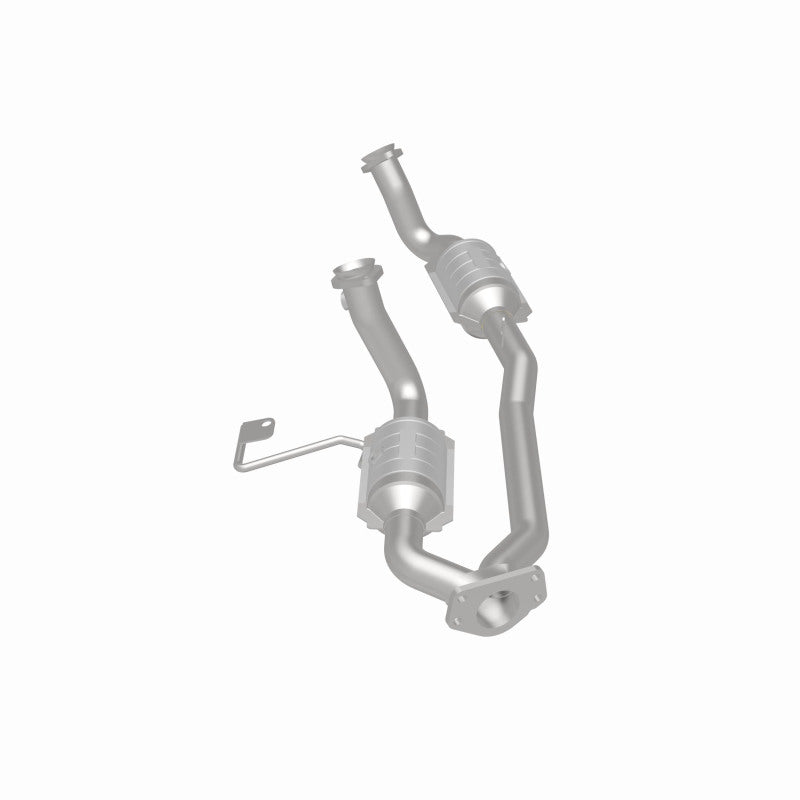 MagnaFlow 93450 hm grade direct-fit catalytic converter, rear three-quarter view of the turntable spin