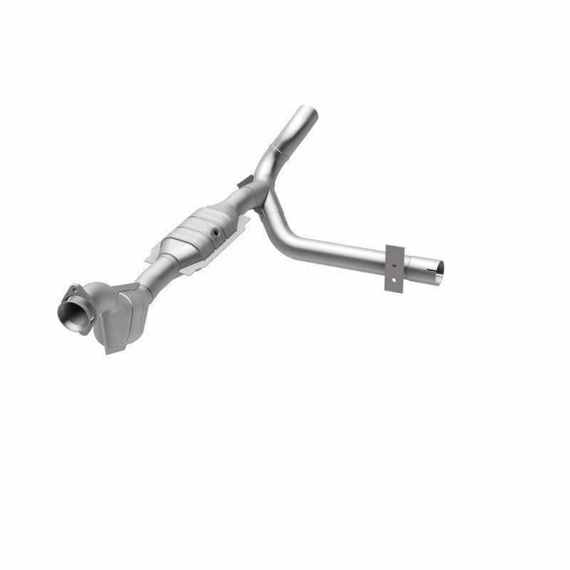MagnaFlow 458072 carb direct-fit catalytic converter, opposite front three-quarter view of the turntable spin