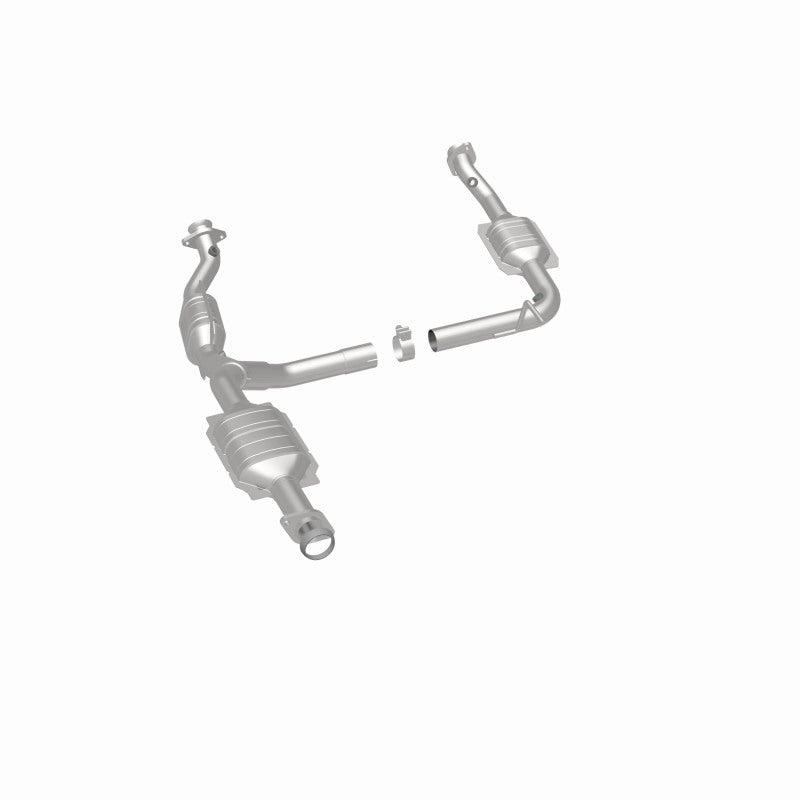 MagnaFlow 49575 oem grade direct-fit catalytic converter, rear three-quarter view of the turntable spin