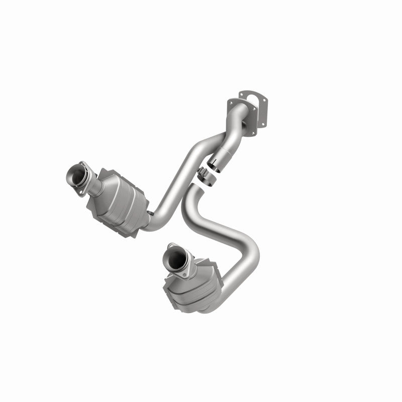 MagnaFlow 49911 oem grade direct-fit catalytic converter, opposite front three-quarter view of the turntable spin