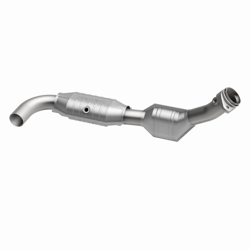 MagnaFlow 458038 carb direct-fit catalytic converter, opposite rear three-quarter view of the turntable spin