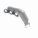 MagnaFlow 452912 carb manifold converter, opposite front three-quarter view of the turntable spin