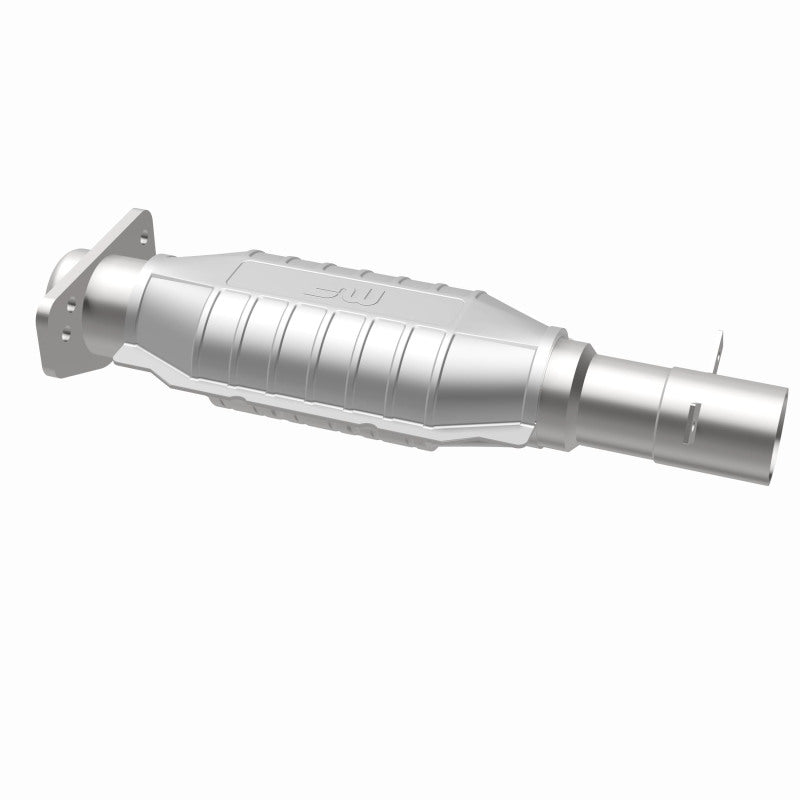 MagnaFlow 3391486 carb direct-fit catalytic converter, opposite rear three-quarter view of the turntable spin