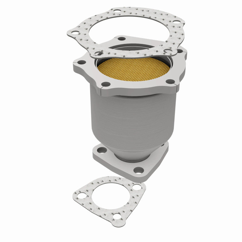 MagnaFlow 49323 oem grade direct-fit catalytic converter, opposite rear three-quarter view of the turntable spin