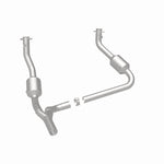 MagnaFlow 5551458 carb direct-fit catalytic converter, rear three-quarter view of the turntable spin