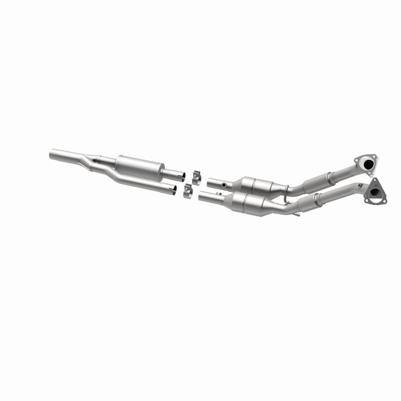 MagnaFlow 5461716 carb direct-fit catalytic converter, opposite rear three-quarter view of the turntable spin