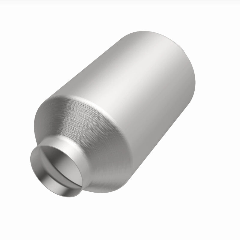 MagnaFlow 51809 universal catalytic converter, opposite front three-quarter view of the turntable spin