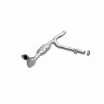 MagnaFlow 93395 hm grade direct-fit catalytic converter, opposite front three-quarter view of the turntable spin