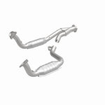 MagnaFlow 49580 oem grade direct-fit catalytic converter, front three-quarter view of the turntable spin