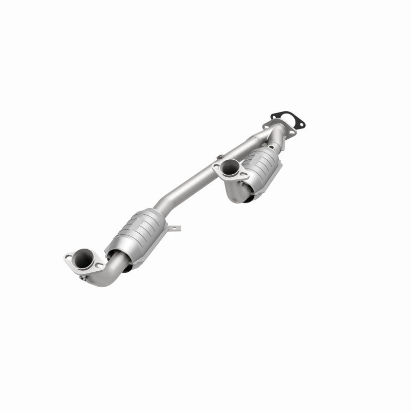 MagnaFlow 23353 hm grade direct-fit catalytic converter, opposite front three-quarter view of the turntable spin