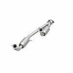 MagnaFlow 23353 hm grade direct-fit catalytic converter, opposite front three-quarter view of the turntable spin