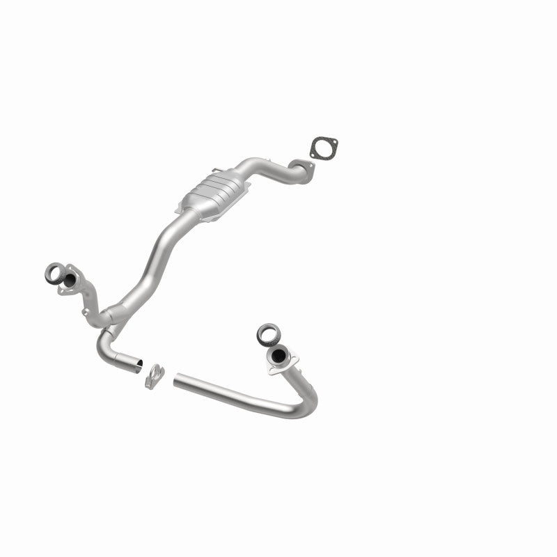 MagnaFlow 23628 hm grade direct-fit catalytic converter, opposite front three-quarter view of the turntable spin